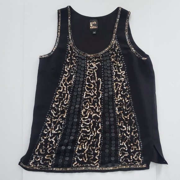 Sequuned Dressy Black Tank Top Blouse Vents Silver Champagne Gold Dark Fairy - Picture 1 of 8